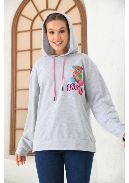 Unisex Gri Barrow Baskılı Oversize Kapşonlu Sweatshirt modelleri