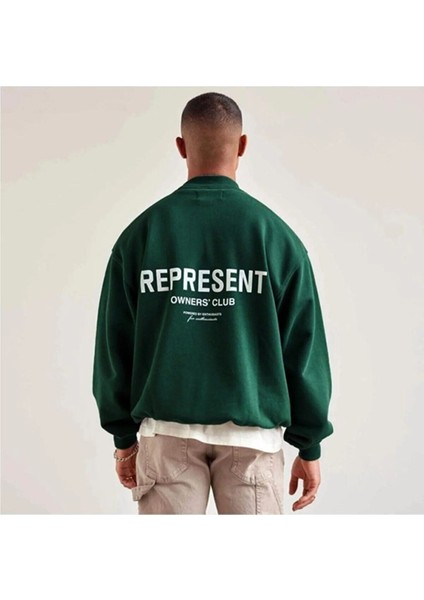 Erkek Yeşil Represent Baskılı Oversize Bisiklet Yaka Sweatshirt