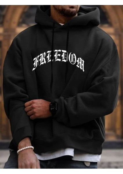 Unisex Siyah Freedom Baskılı Oversize Kapşonlu Sweatshirt