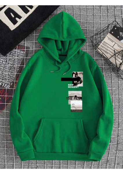 Unisex Yeşil New Moment Baskılı Oversize Kapşonlu Sweatshirt