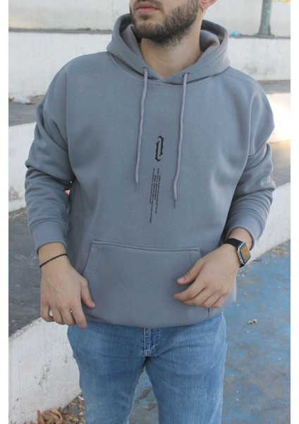 Unisex Füme Göğüs Dikey Baskılı Kapşonlu Oversize Sweatshirt