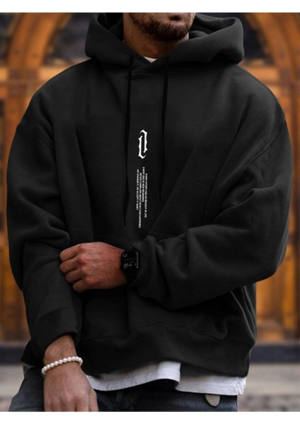 Unisex Siyah Göğüs Dikey Baskılı Kapşonlu Oversize Sweatshirt
