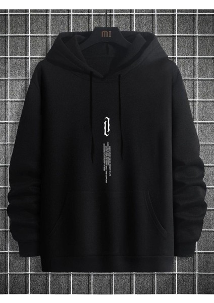 Unisex Siyah Göğüs Dikey Baskılı Kapşonlu Oversize Sweatshirt fiyatları