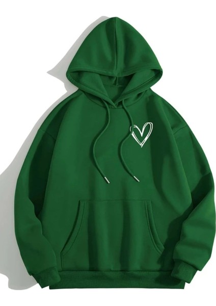 Unisex Yeşil Kalp Baskılı Oversize Kapşonlu Sweatshirt