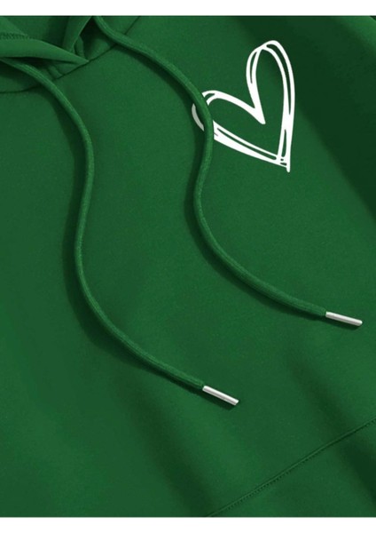 Unisex Yeşil Kalp Baskılı Oversize Kapşonlu Sweatshirt fiyatları