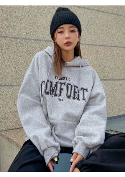 Unisex Gri Comfort Baskılı Oversize Kapşonlu Sweatshirt