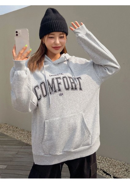 Unisex Gri Comfort Baskılı Oversize Kapşonlu Sweatshirt fiyatları