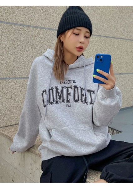 Unisex Gri Comfort Baskılı Oversize Kapşonlu Sweatshirt modelleri