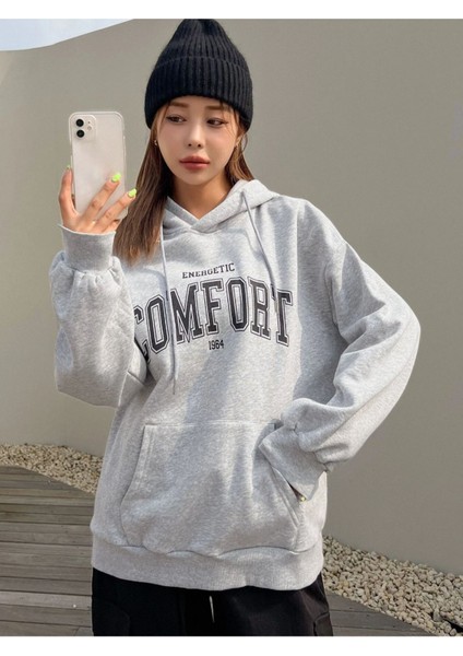 Unisex Gri Comfort Baskılı Oversize Kapşonlu Sweatshirt fırsatları