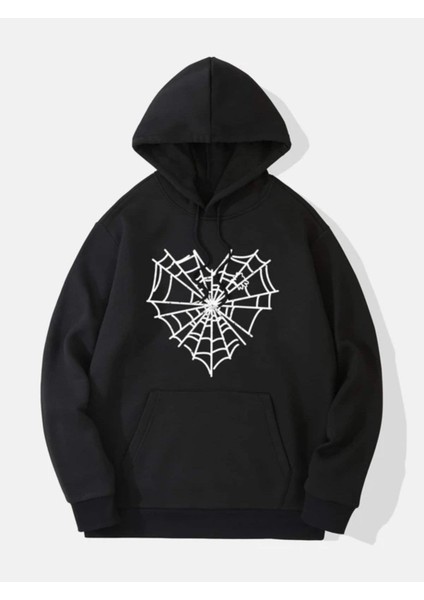 Unisex Siyah Kalp Ağ Baskı Detaylı Oversize Kapşonlu Sweatshirt