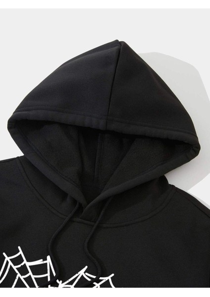Unisex Siyah Kalp Ağ Baskı Detaylı Oversize Kapşonlu Sweatshirt fiyatları