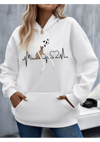 Unisex Beyaz Kedi Baskılı Oversize Kapşonlu Sweatshirt