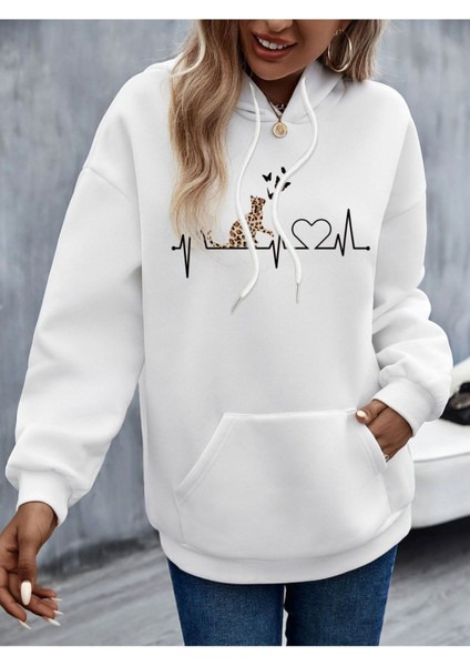 Unisex Beyaz Kedi Baskılı Oversize Kapşonlu Sweatshirt