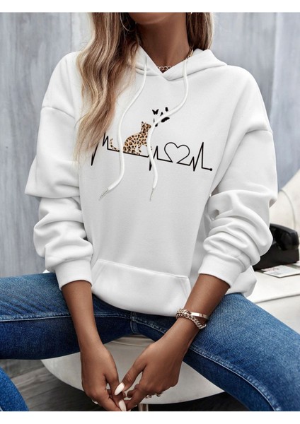 Unisex Beyaz Kedi Baskılı Oversize Kapşonlu Sweatshirt