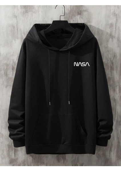 Unisex Siyah Nasa Yazı Baskılı Oversize Kapşonlu Sweatshirt