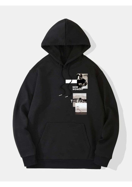 Unisex Siyah New Moment Baskılı Oversize Kapşonlu Sweatshirt