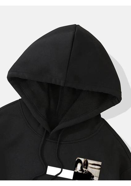 Unisex Siyah New Moment Baskılı Oversize Kapşonlu Sweatshirt