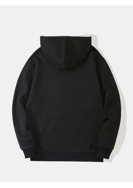 Unisex Siyah New Moment Baskılı Oversize Kapşonlu Sweatshirt