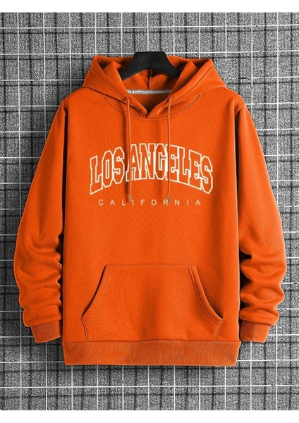 Unisex Turuncu Los Angeles Baskılı Oversize Kapşonlu Sweatshirt 