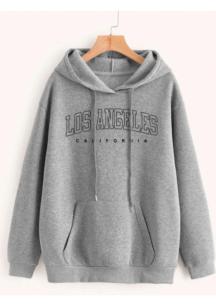 Unisex Gri Los Angeles Baskılı Oversize Kapşonlu Sweatshirt