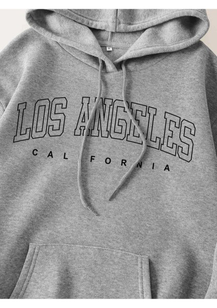 Unisex Gri Los Angeles Baskılı Oversize Kapşonlu Sweatshirt