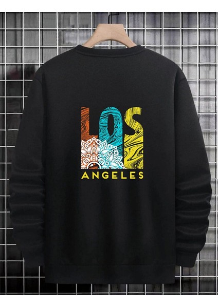 Unisex Siyah Los Angeles  Oversize Bisiklet Yaka  Sweatshirt