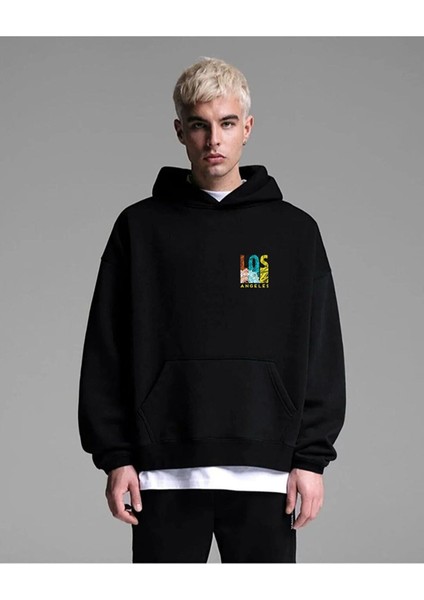 Unisex Siyah Los Angeles Oversize Kapşonlu Sweatshirt