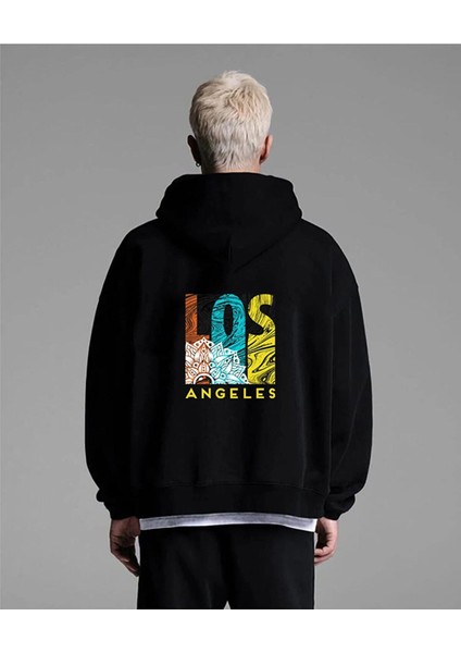 Unisex Siyah Los Angeles Oversize Kapşonlu Sweatshirt