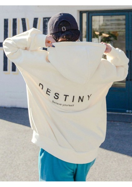 Unisex Beyaz Destiny Baskılı Oversize Kapşonlu Sweatshirt