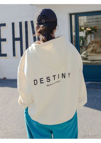 Unisex Beyaz Destiny Baskılı Oversize Kapşonlu Sweatshirt fırsatları
