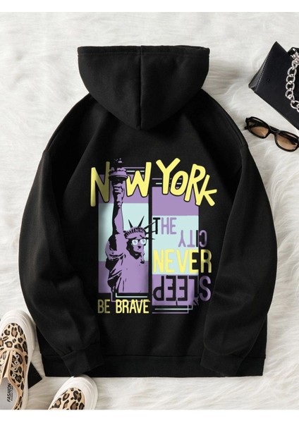 Unisex Siyah New York Baskılı Oversize Kapşonlu Sweatshirt