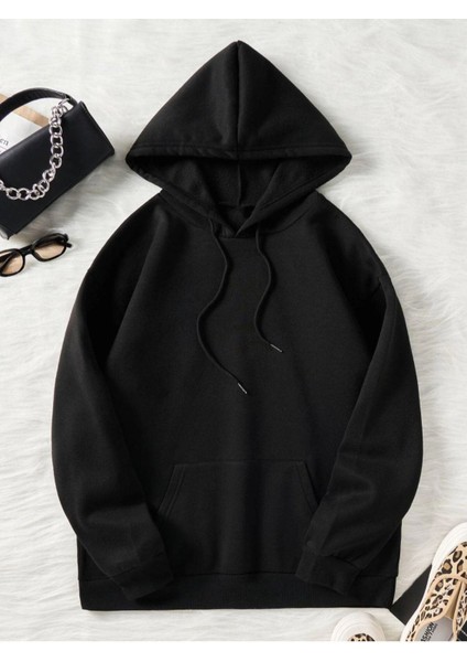 Unisex Siyah New York Baskılı Oversize Kapşonlu Sweatshirt fiyatları