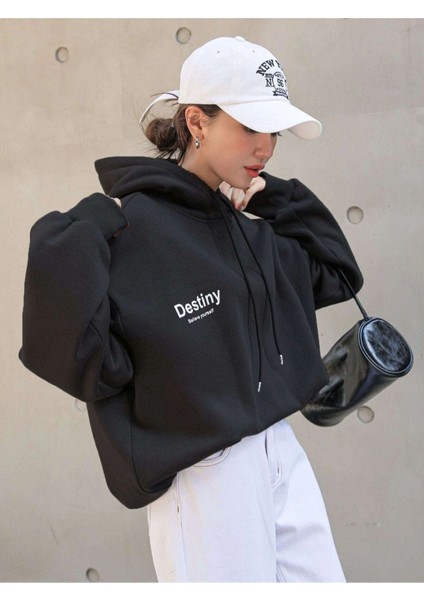 Unisex Siyah Destiny Baskılı Oversize Kapşonlu Sweatshirt