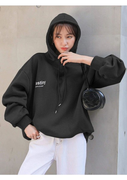 Unisex Siyah Destiny Baskılı Oversize Kapşonlu Sweatshirt