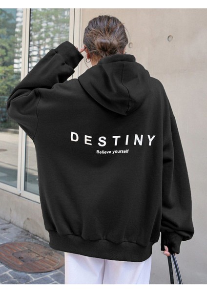 Unisex Siyah Destiny Baskılı Oversize Kapşonlu Sweatshirt