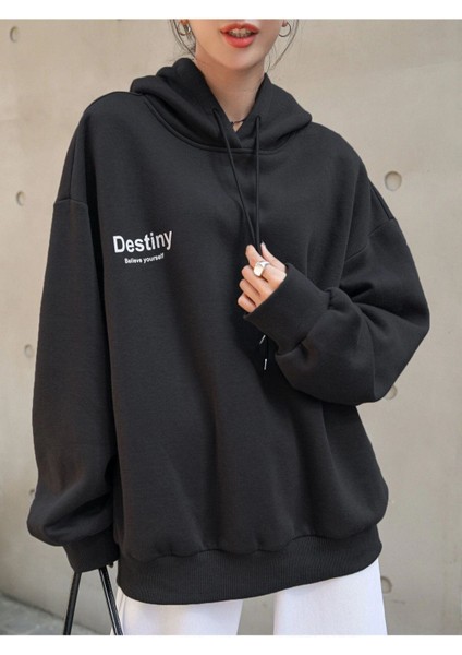 Unisex Siyah Destiny Baskılı Oversize Kapşonlu Sweatshirt