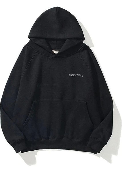 Unisex Siyah Essantial Baskılı Oversize Kapşonlu Sweatshirt