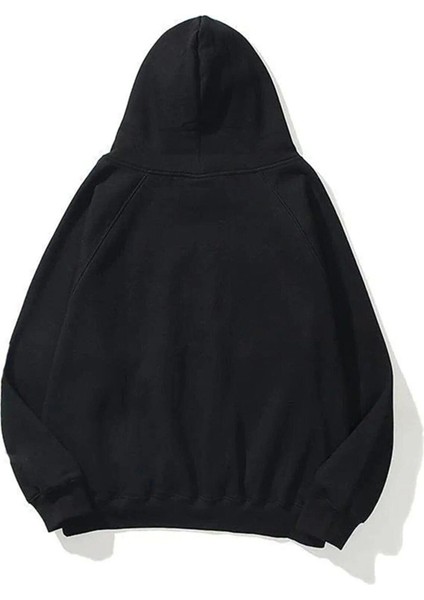 Unisex Siyah Essantial Baskılı Oversize Kapşonlu Sweatshirt