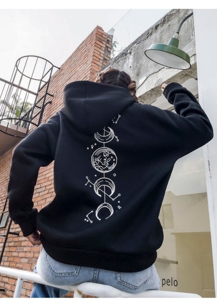 Unisex Siyah Galaksi Baskılı Oversize Kapşonlu Sweatshirt