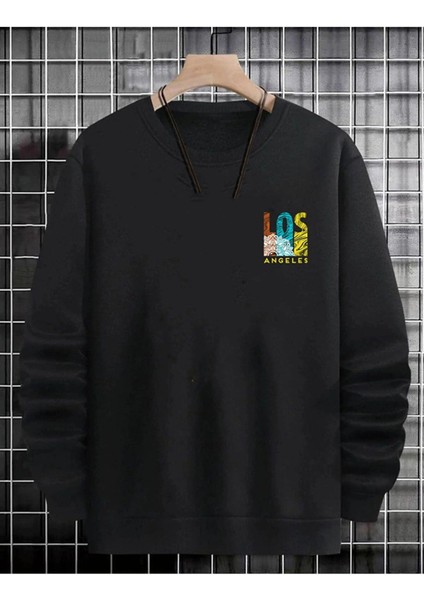 Unisex Siyah Los Angeles Oversize Bisiklet Yaka Sweatshirt
