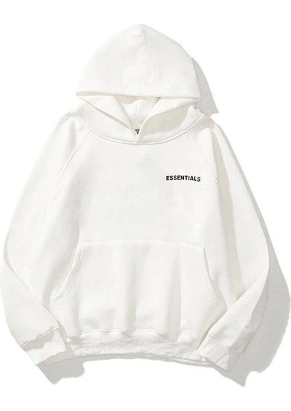 Unisex Beyaz Essantial Baskılı Oversize Kapşonlu Sweatshirt