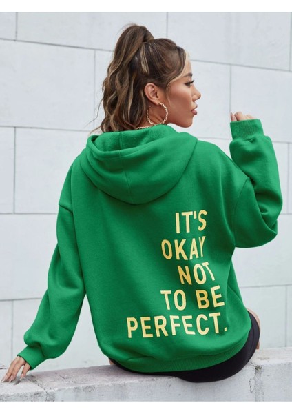 Unisex Yeşil Its Okey Baskılı Oversize Kapşonlu Sweatshirt