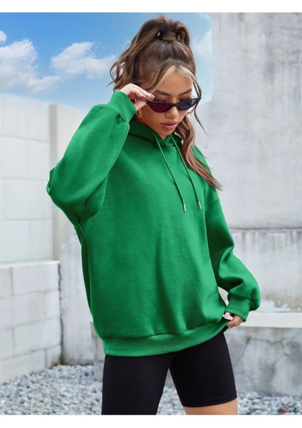 Unisex Yeşil Its Okey Baskılı Oversize Kapşonlu Sweatshirt