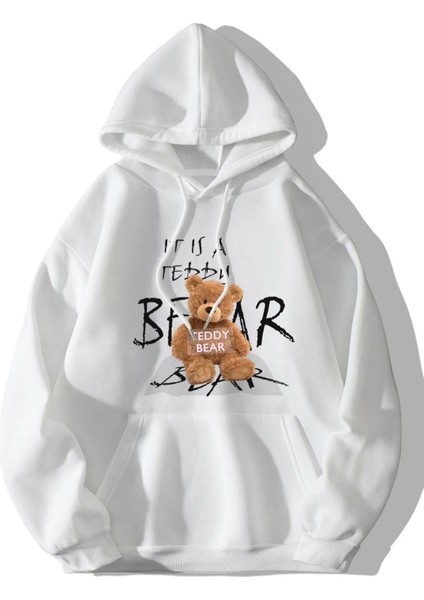 Unisex Beyaz Bear Ayı Baskılı Oversize Kapşonlu Sweatshirt