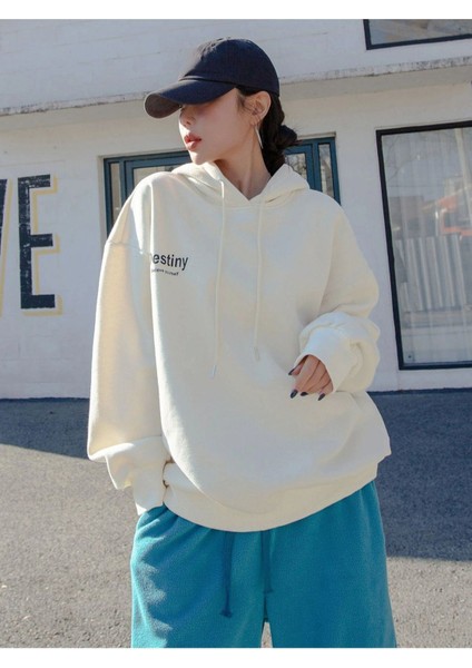 Unisex Beyaz Destiny Baskılı Oversize Kapşonlu Sweatshirt
