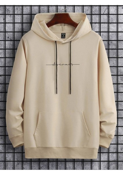 Unisex Bej Dream Baskılı Oversize Kapşonlu Sweatshirt