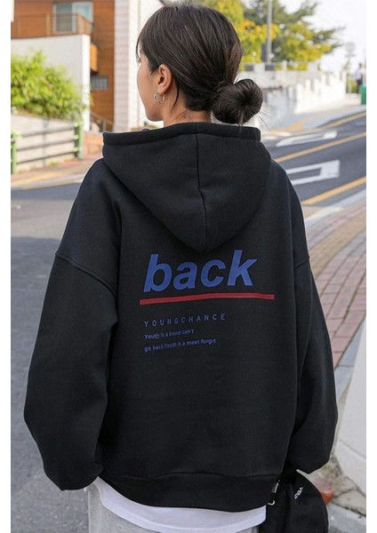 Unisex Siyah Back Baskılı Oversize Kapşonlu Sweatshirt
