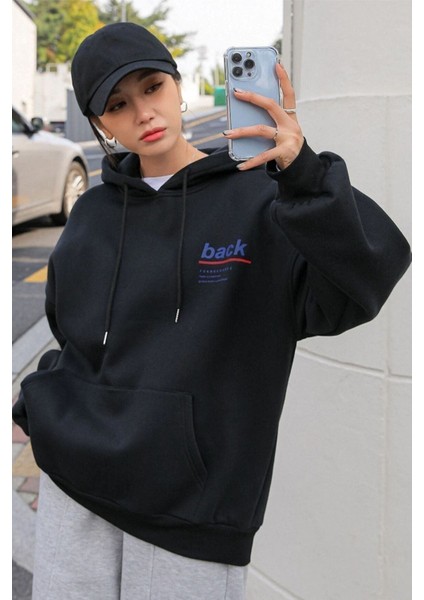 Unisex Siyah Back Baskılı Oversize Kapşonlu Sweatshirt fiyatları
