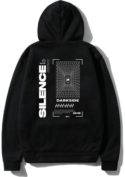 Unisex Siyah Silence Baskılı Oversize Kapşonlu Sweatshirt
