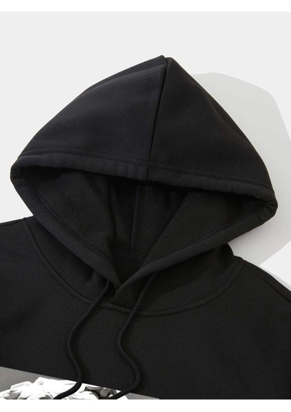 Unisex Siyah Heykel Baskılı Oversize Kapşonlu Sweatshirt